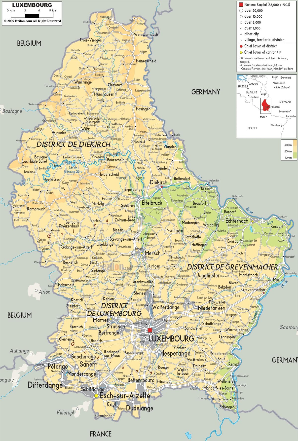 মানচিত্র লাক্সেমবার্গ এর শারীরিক